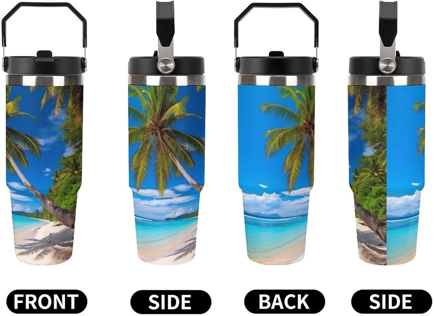 30oz Insulated Tumblers with Top Handle, Stainless Steel Beach And Coconut Tree Car Cup with Straw for Gift, Leak-Proof Double Wall Vacuum Travel Mug, Personalized Water Bottles Black