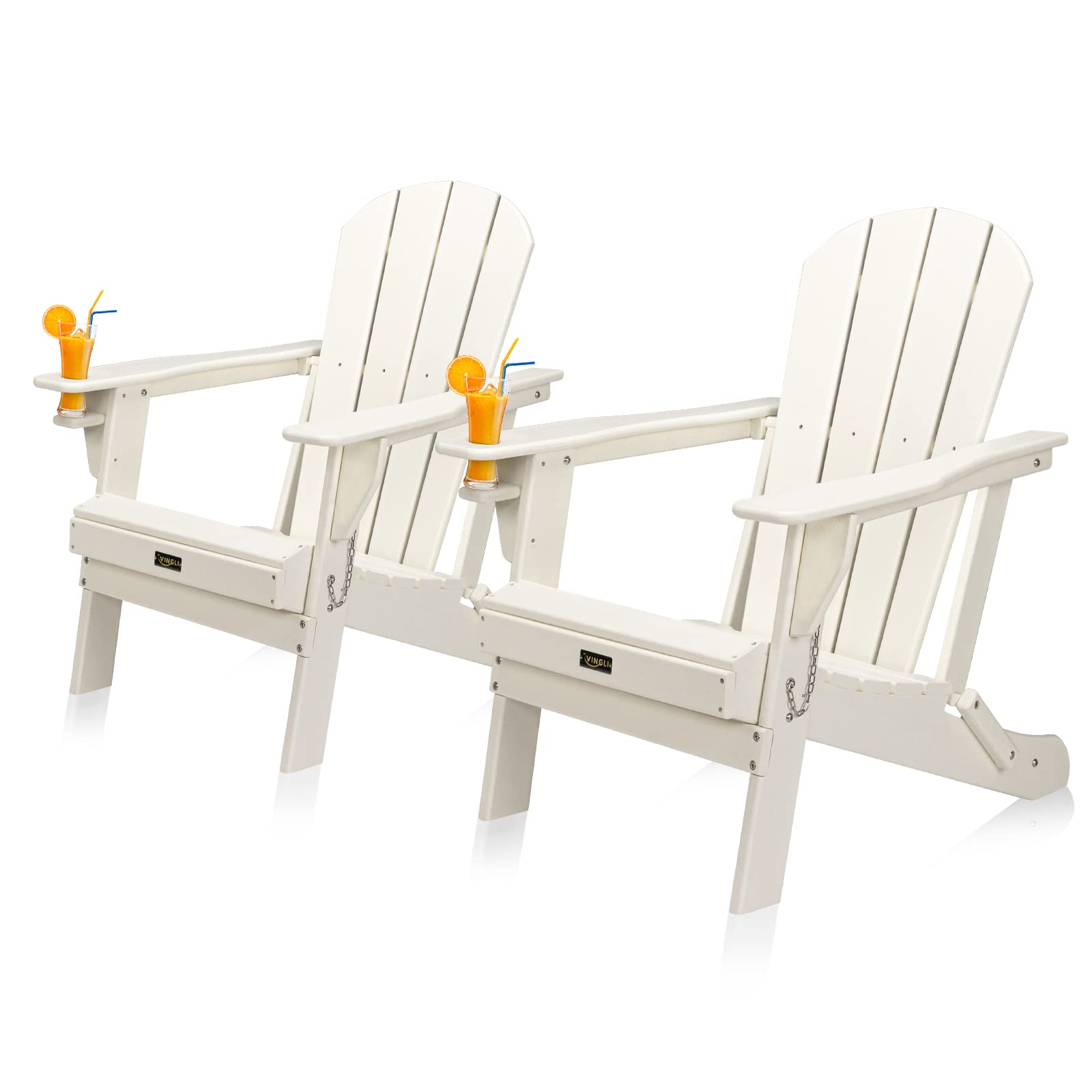 VINGLI Plastic Adirondack Chairs Set of 2, Folding with Cup Holder, Waterproof HDPE Material, Comfortable 380lb Weight Capacity for Outdoor Pool Patio