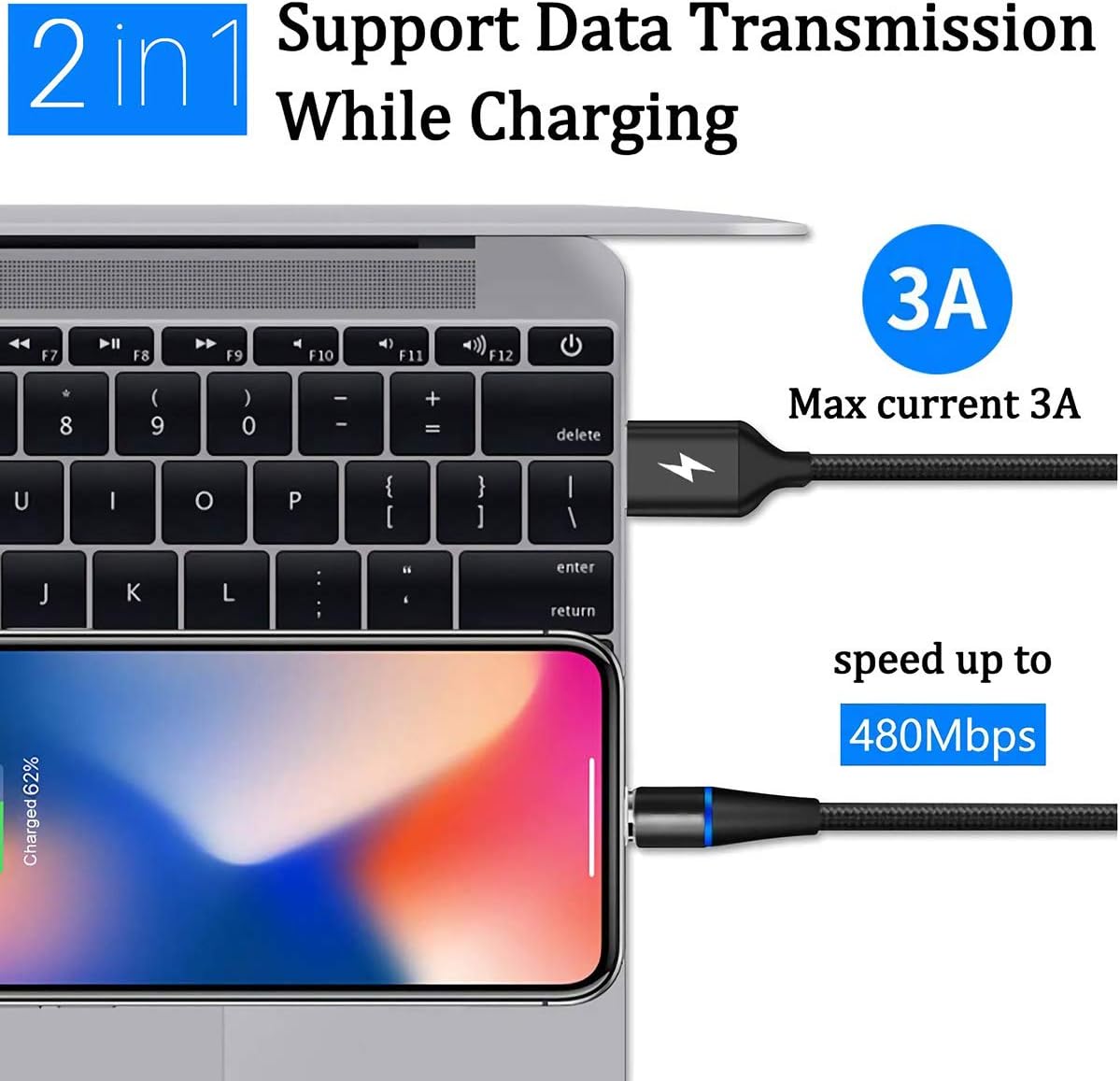 Utotrip Magnetic Charging Cable,(2-Pack,10ft,10ft) 3A Fast Charging Data Transfer USB Magnetic Cable,Nylon Braided 2-in-1 USB C,Micro USB Phone Charger Cable(Black)