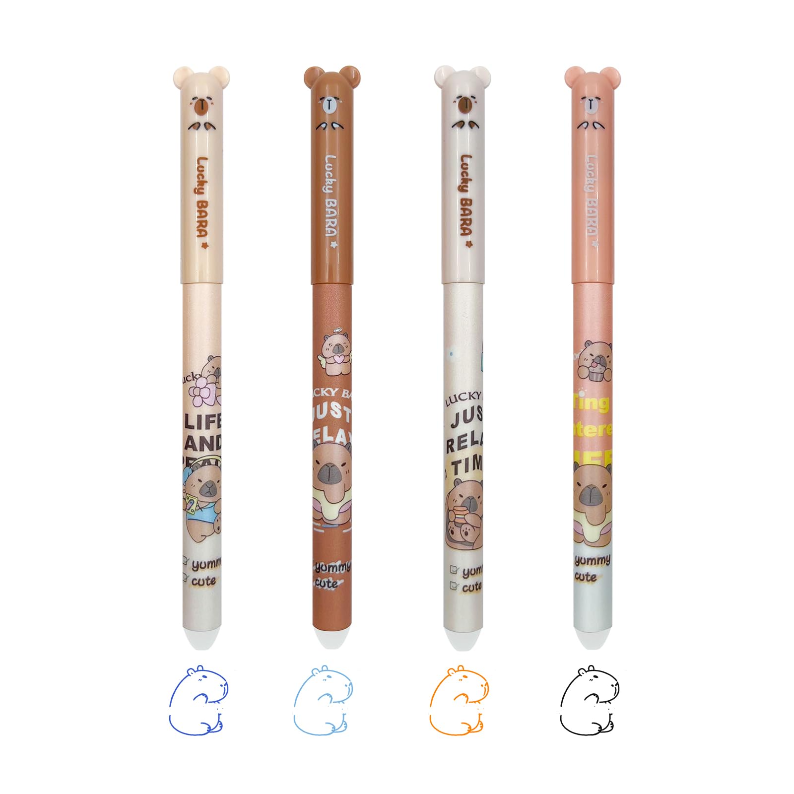 FloraVigo 4 Pack Gel Eraser Pens Capybara Pattern Ball Tip for Ink Removal - Blue, Black, Sky Blue, Orange, 0.5mm Tip Diameter