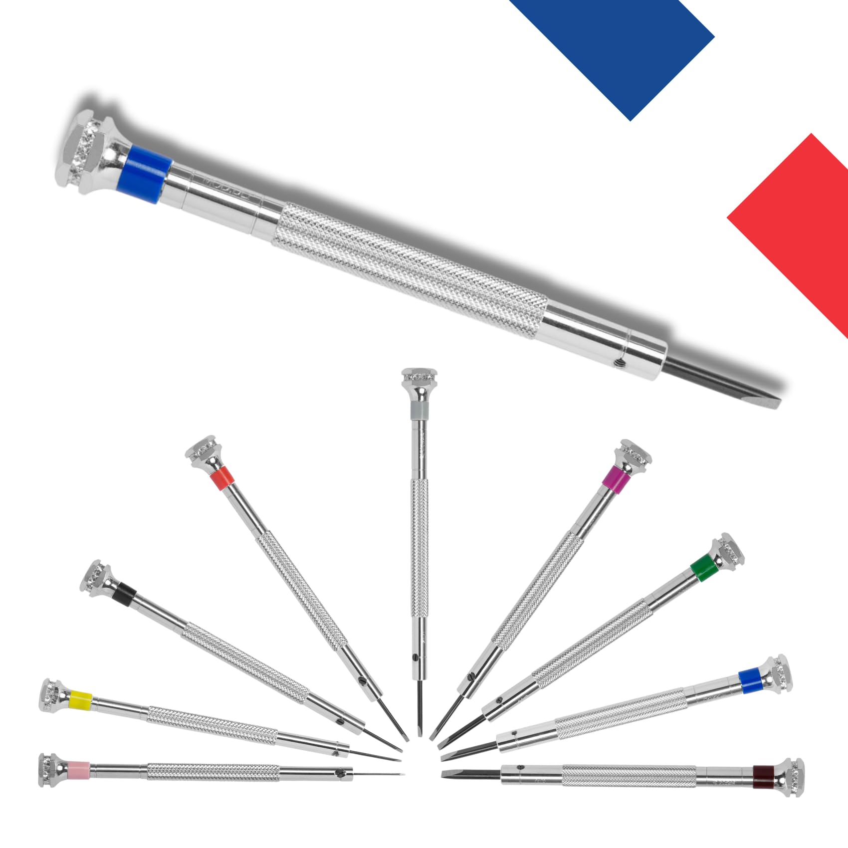 MV – Drehsockel mit 9 Uhrmacherschraubendrehern mit Ersatz-Bits – Größen von Ø 0,6 mm bis 3,0 mm