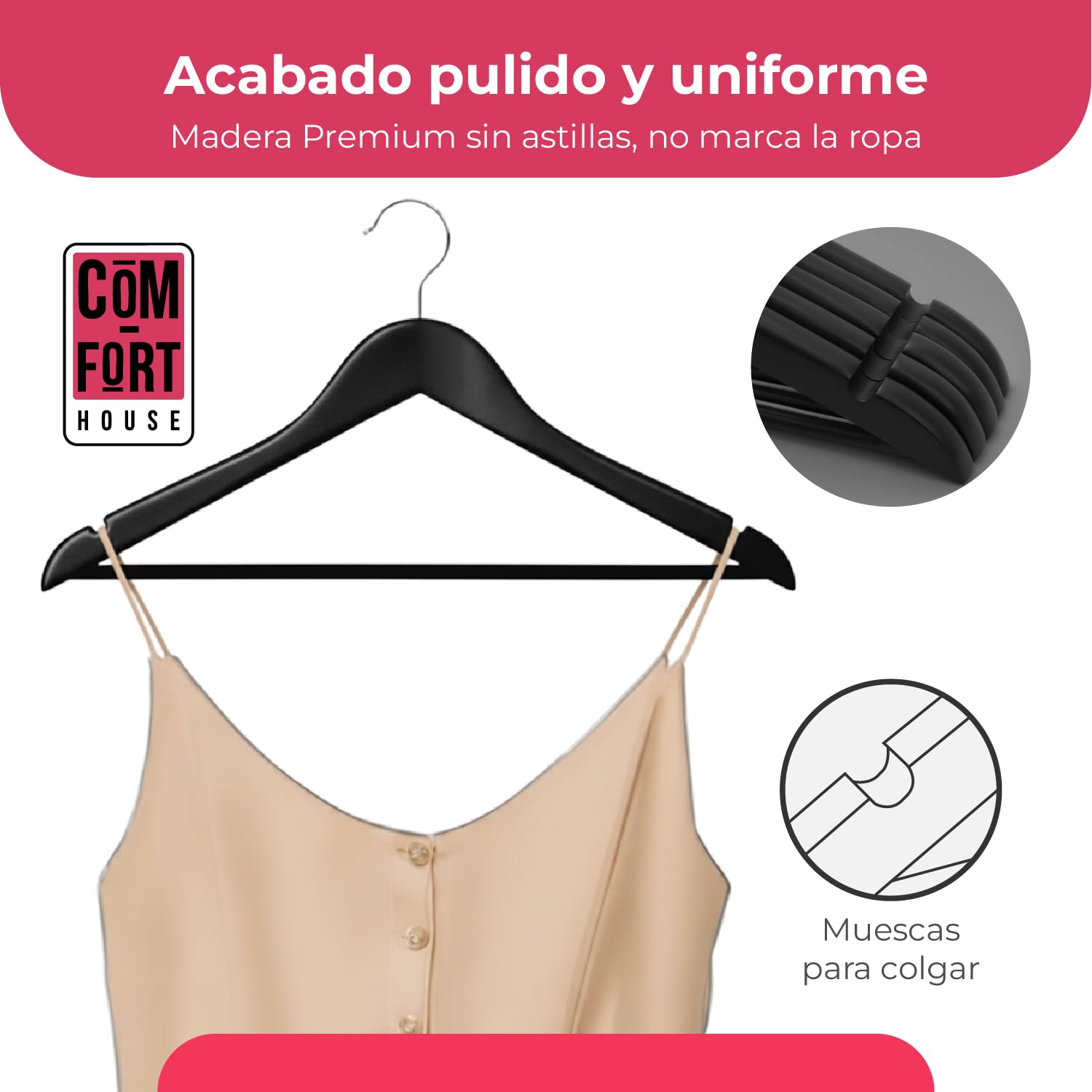 COM-Fort House - Lot de 40 cintres en Bois Massif Noir avec Crochet pivotant à 360° et encoches antidérapantes - avec Barre pour Pantalons - Haute résistance