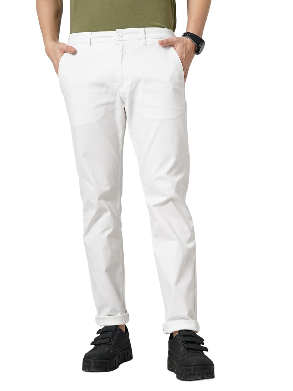 Celio Men Off White Solid Regular Fit Cotton Chino Trousers Celio Men Off White Solid Regular Fit Cotton Chino Trousers