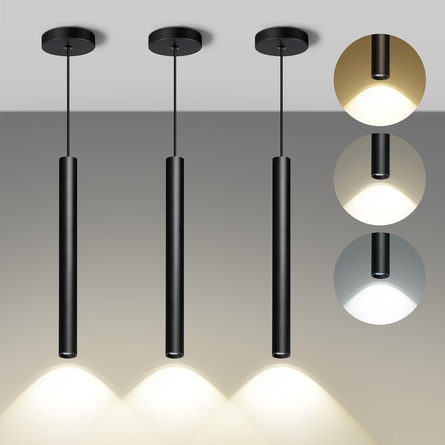 Black Pendant Light Fixtures, 15" H Dimmable 12W LED Modern Hanging Lights for Kitchen Island, 2700K-6000K Ceiling Pendant Adjustable Color Temperature, ETL, 3 Pack