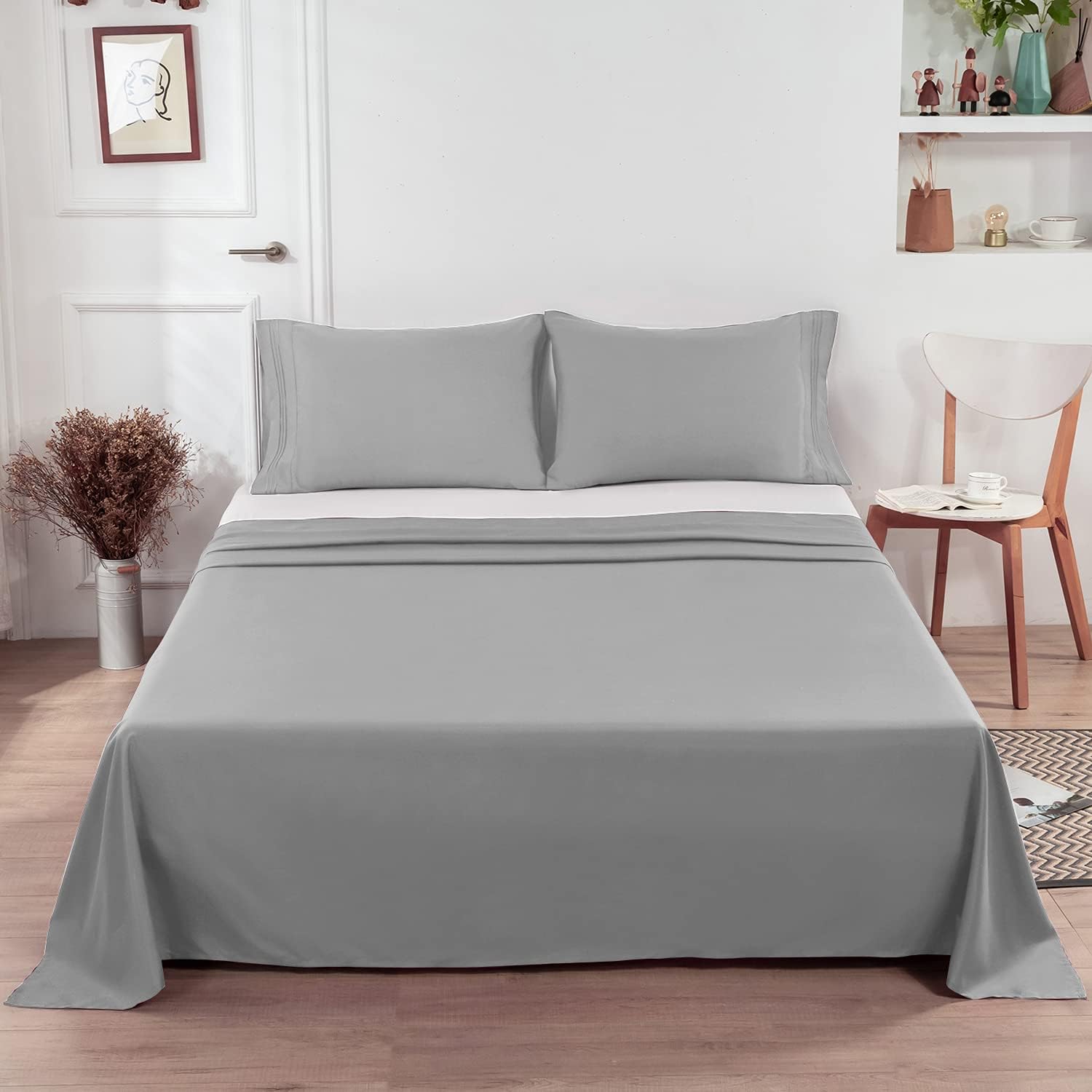 Lirex 2-Pack Queen Size Flat Sheet Set, Ultra-Soft Brushed 1800 Microfiber, Breathable & Wrinkle-Free, Machine Washable (Grey)