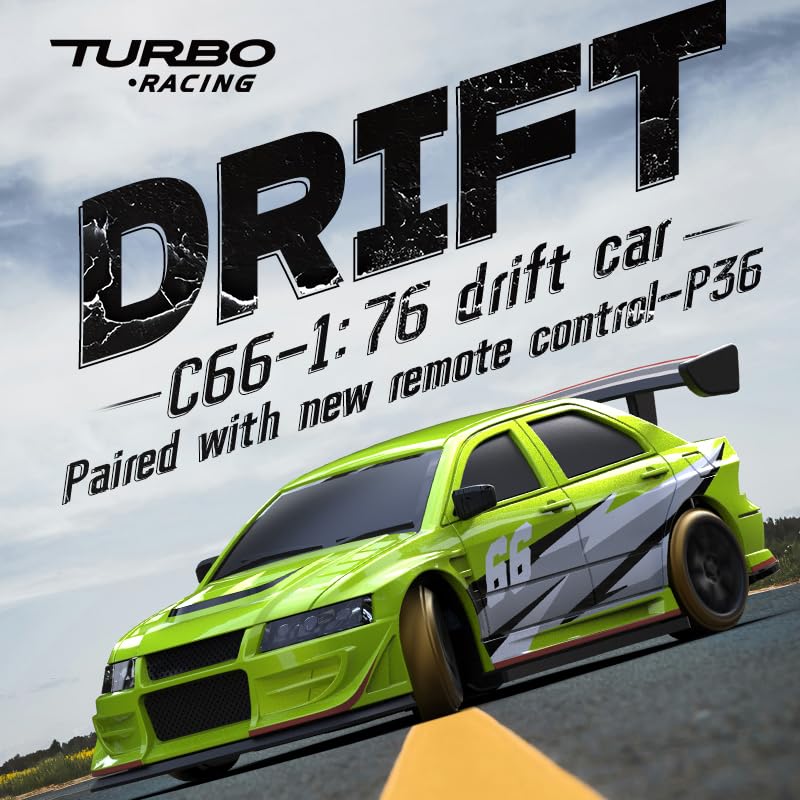 Image of Turbo Racing 1:76 Scale Drift RC Car, Mini Table Racing Model Car with 2.4G Remote Control & Gyro Full Proportional RTR for Adults Hobby Toys Gifts (C66-Green)