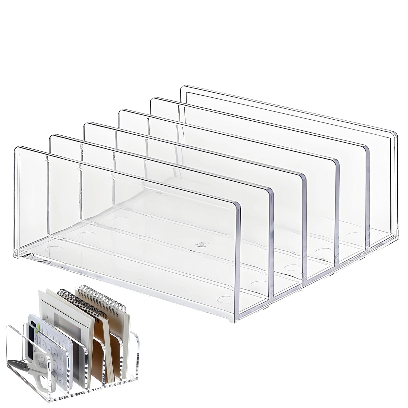 Soporte para tarjetas de acrílico, 5 compartimentos, bandeja para cartas de escritorio, soporte para notas, tarjetas de visita y postales, oficina, familia, oficina en casa, transparente, alto 12,2 x