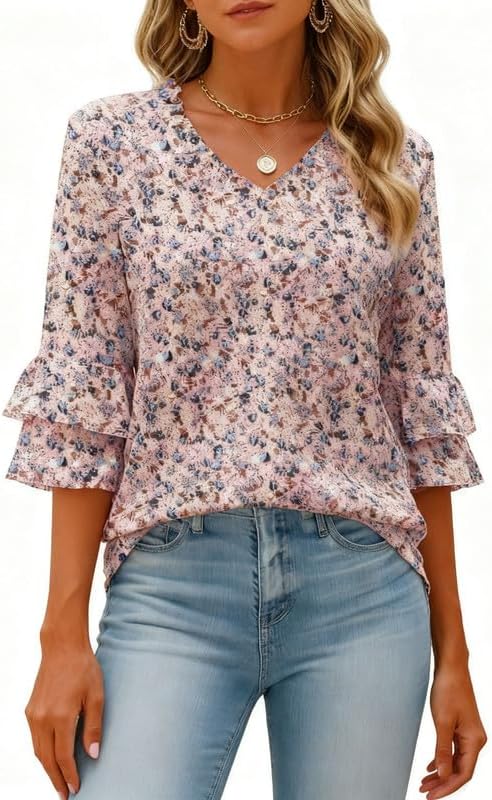 Womens V Neck Ruffle 3/4 Length Sleeve Dressy Shirts Casual Loose Tunic Tops Summer Blouses - Image 6