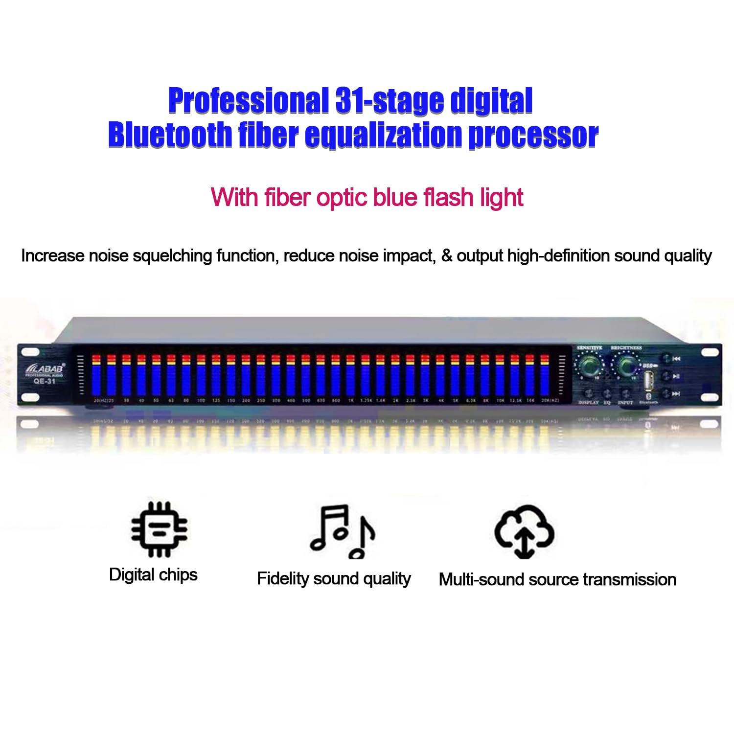 Processore di equalizzazione musicale, analizzatore di spettro digitale a 31 bande con telecomando e display LCD, riduzione intelligente del rumore per palcoscenico e KTV