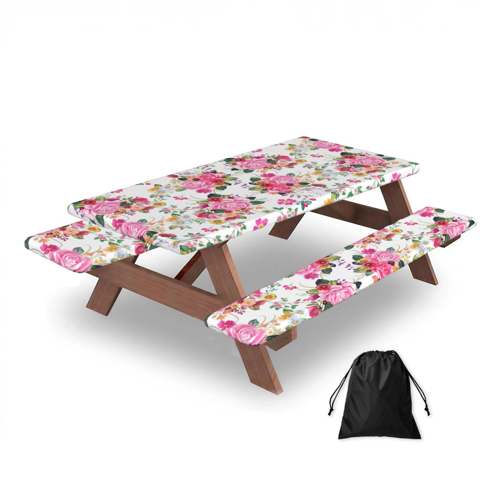 Dopklna As Picture Vintage Bouquets Flower, Picnic Table Cover With Bench Covers -Waterproof Elastic Fitted Tablecloth For Garden Camping Patio 76X152cm