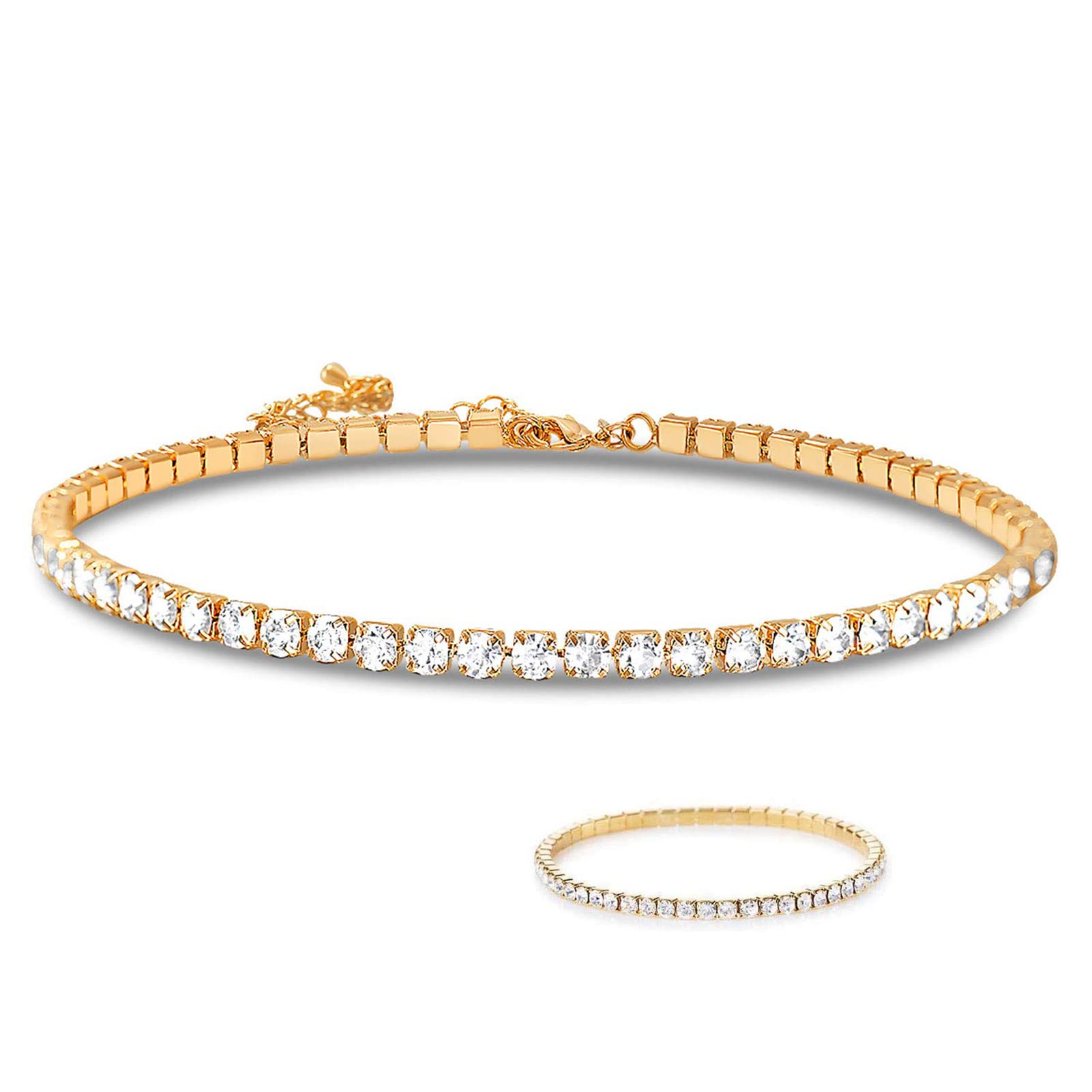 - 18K Yellow Gold Plated 1-5 Rows Rhinestone Choker Necklace & Stretch Bracelets Set Wedding Jewelry