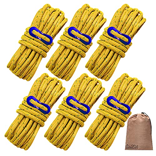 DaLaCa パラコード テントロープ タープロープ ガイロープ 反射材入り 太さ 5mm 長さ 4m 6本 / 8本 / 10本 セット 耐荷重 350kg 自在金具 収納袋 付き