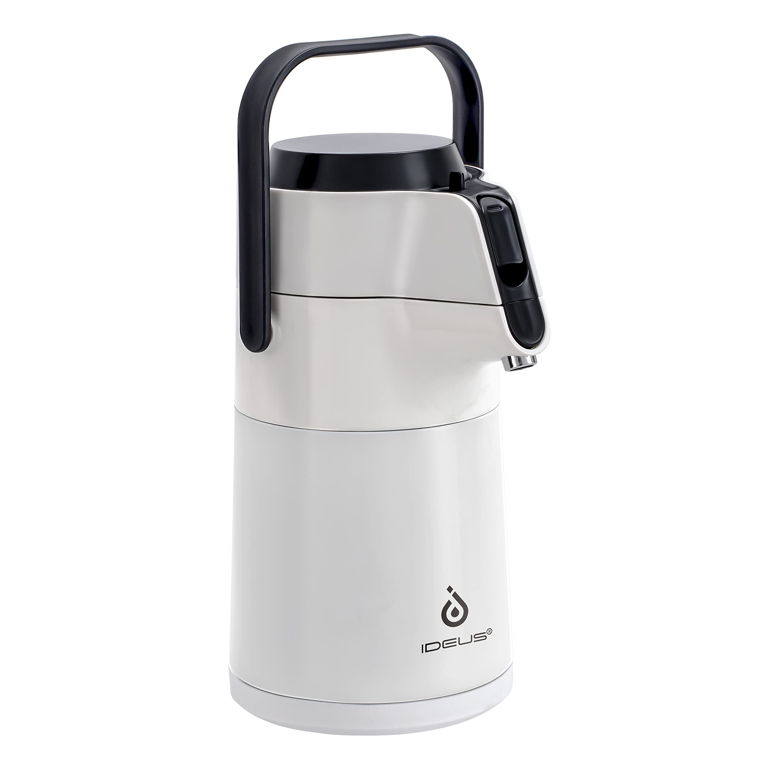 ideus 74 oz stainless steel thermal coffee carafe, double wall vacuum insulated airpot coffee dispenser with pump, 12 hour heat 24 hour cold retention, white