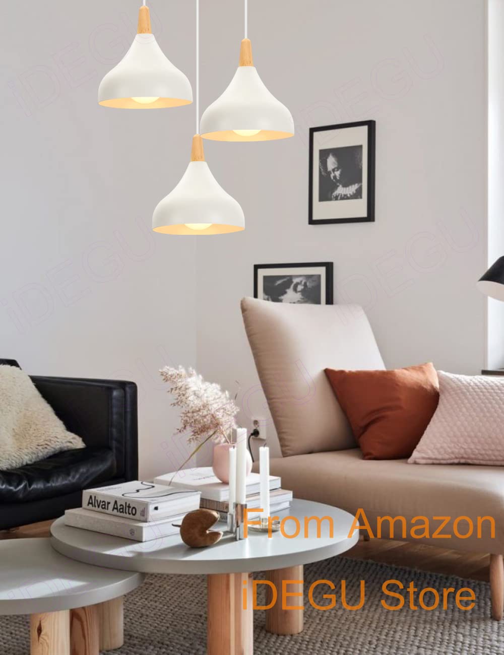 iDEGU Żyrandol lampa wisząca retro 3 lampy nowoczesny styl Drop Hat lampa sufitowa E27 metal drewno lampa sufitowa do sypialni jadalni kuchni średnica 20 cm (biała, okrągła)