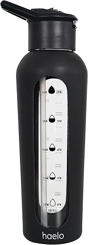 haelo Botella de agua motivacional de vidrio de 24 onzas con tapa abatible, pajilla, funda protectora de silicona, asa, reutilizable, sin BPA (negro)