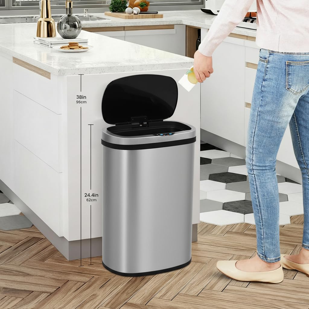 Bigacc 13 Gallon(50 L) Kitchen Trash Can with Touch-Free & Motion Sensor, Automatic Stainless-Steel Garbage Can Anti-Finaerprint Mute Desianed Trash Bin Brushed Stainless Steel