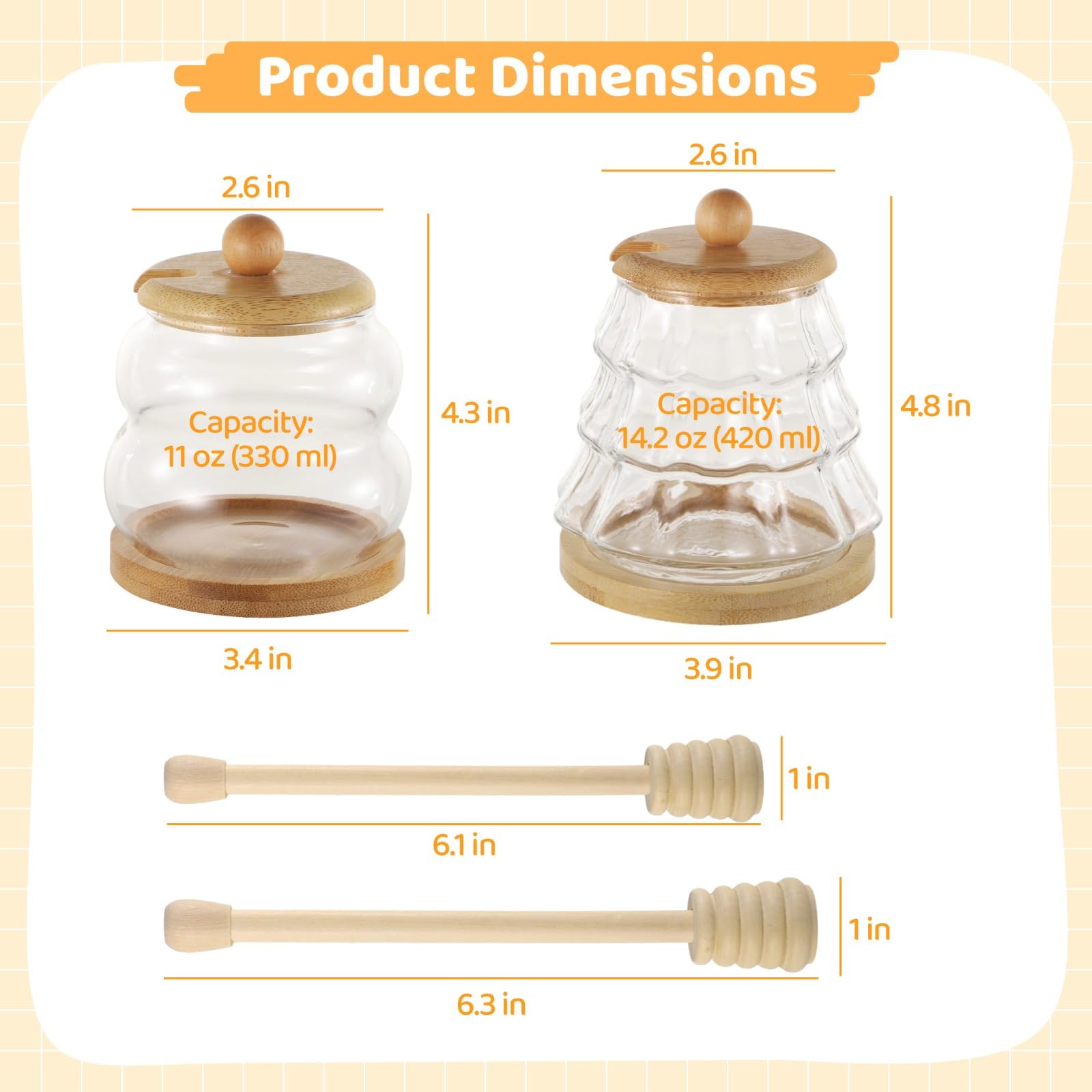 2 Stk. Honiggläser aus Glas, Honigbehälter mit Holzrührer, Weithals-Honigglas mit Holzdeckel und Sockel, Sirupspender für die Küche, Geschenk zu Weihnachten und Muttertag, 11 oz und 14,2 oz