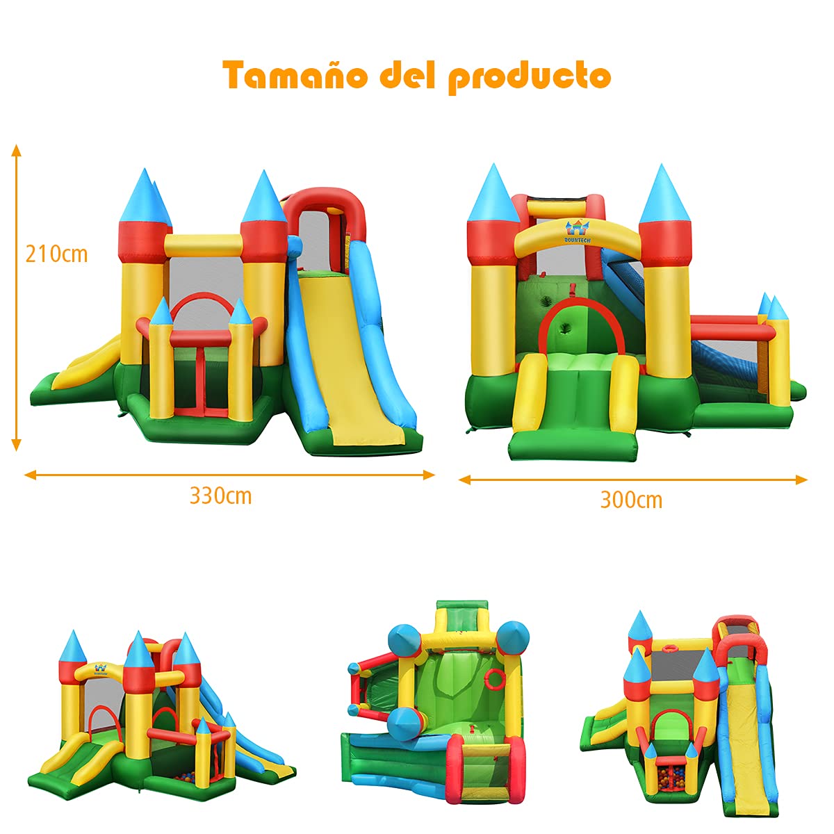 COSTWAY Castillo Hinchable, Castillo Inflable para Niños con 2 Toboganes, Área para Saltar, Canasta de Baloncesto, Bolsa de Transporte, Palitos, Kit de Reparación, 60 Pelotas (con Compresor 780 W)