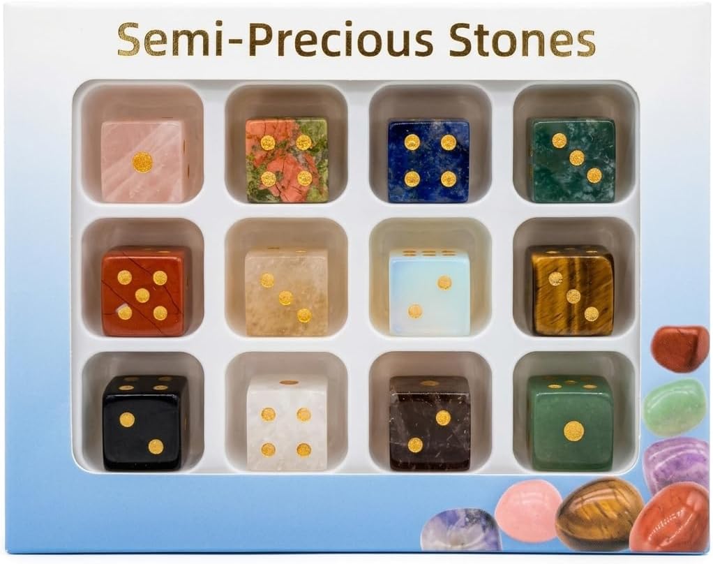 12PCS a Set Natural Crystal Gemstone Dice Set, Multi-Color Semi-Precious Stone Gaming Dice with Gold Pips Home Decor