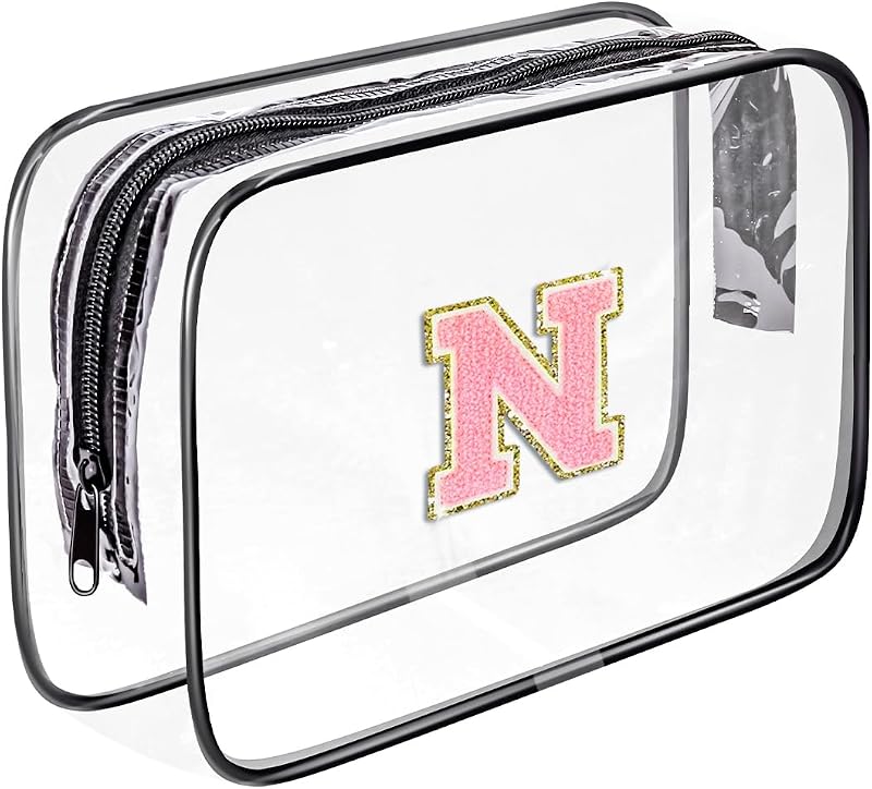 Necessaire transparente Fodofodo de PVC com zíper, estampa de letra chenille, preta com letra rosa
