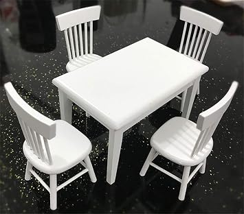 Dollhouse Decoration Accessories, 112 Dollhouse Miniature Furniture Wooden White Dining Table Chair Model Set