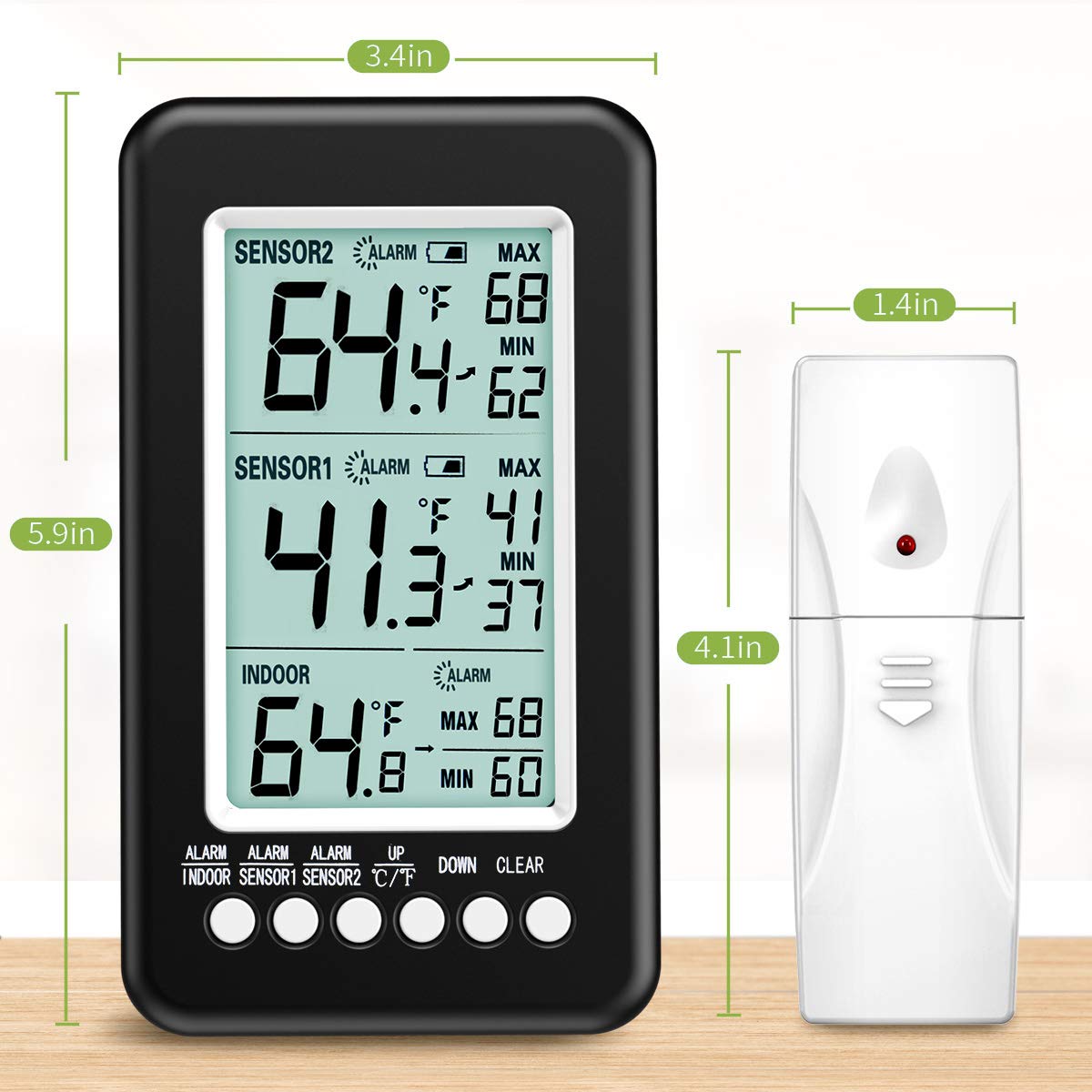 Buy KeeKit Refrigerator Thermometer, Wireless Indoor Outdoor Thermometer with 2 Sensors, Digital
