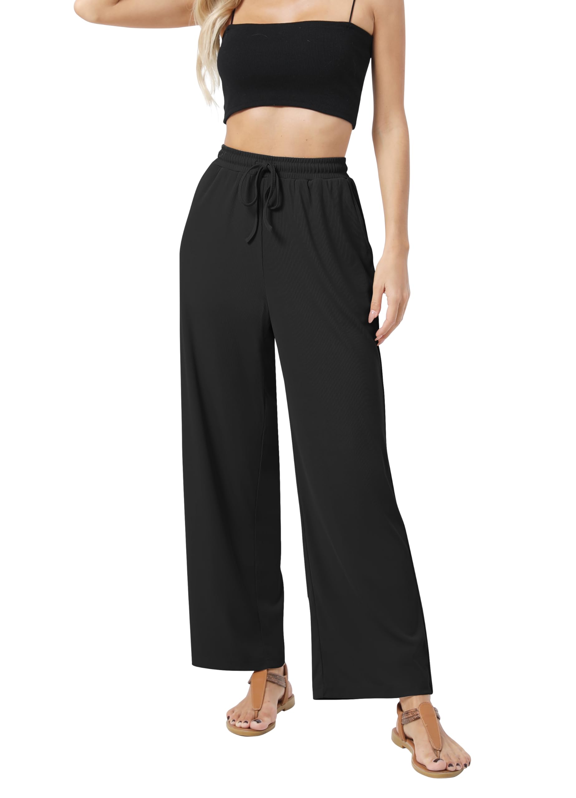 Urban CoCo Womens Wide Leg Palazzo Pants Elastic High Waist Casual Trousers Lightweight Summer Lounge Pants
