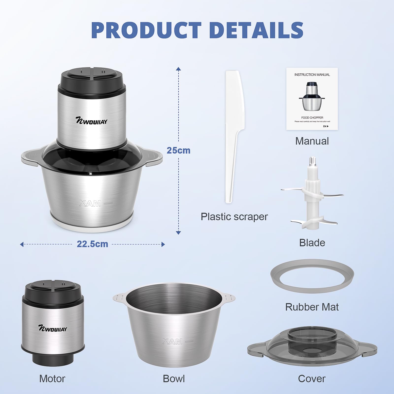 Picadora de Carne 300W Trituradora de Eléctrica Alimentos Multifuncional Recipientes de 2L y 2 Velocidades 4 Cuchillas Afiladas Trituradora para Carne, Verduras, Frutas y Frutos Secos