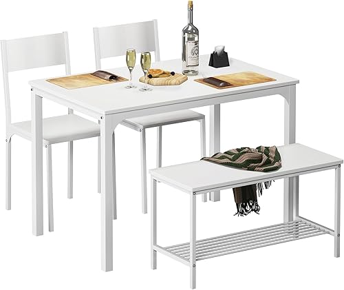 SogesPower Juego de mesa de comedor para 4, juego de mesa de comedor de cocina con 2 sillas y 1 banco, juego de mesa de cocina para 4 personas para