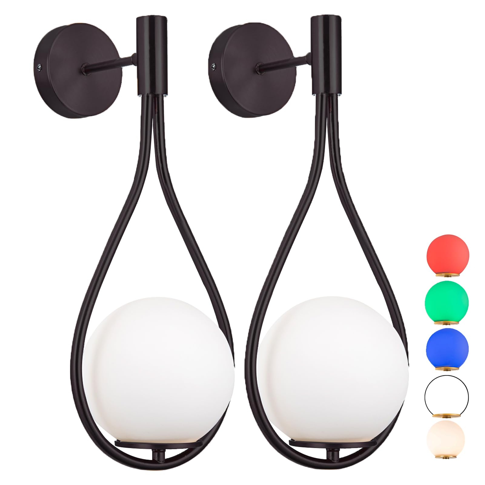 jengush Pack Wall Sconces/Wall Lights, Not Hardwired Brass Gold -White Glass Globe Wall Lamps, Wireless Light Fixture for Bedroom, Living Room, Bathroom, Hallway (Black)