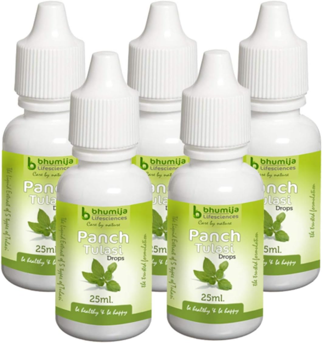 Bhumija Lifesciences Panch Tulsi Ark Drop Natural Immunity Booster, 25 ml | Helps in Cold & Cough | Contains Extract of 5 Types of Tulasi | Relief for Adults and Kids (Pack of 5)