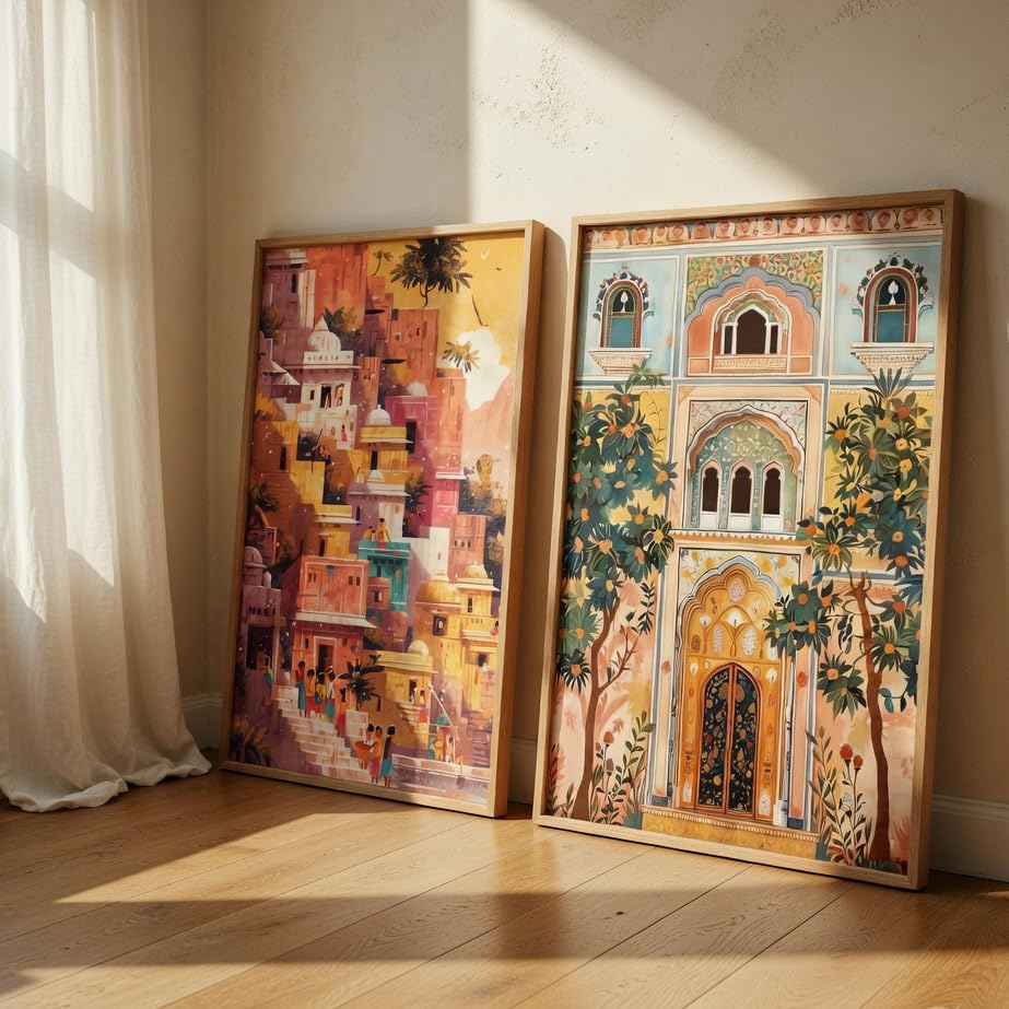 Image of Livin'luxe Indian Palace Architecture Wall Painting Set of 2 with Wooden Frames | Vintage Cityscape & Heritage Haveli Artwork HD Sparkle Laminated MDF Wall Decor for Living Room Bedroom Hallway