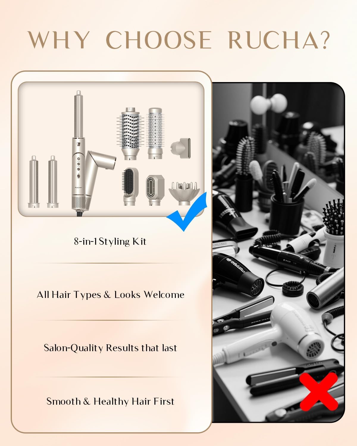 RUCHA 8 in 1 Hair Styler & Hair Dryer Brush Blow Dryer, 110,000 RPM High Speed Hair Nora Styler, Multi Professional Hot Air Styler for Straightening Curling Volumizing Drying, Champagne Gold - Image 9