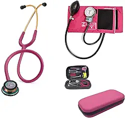 Combo Estetoscópio 3M Classic III Raspberry Rainbow 5806 Littmann, Esfigmomanômetro + Case