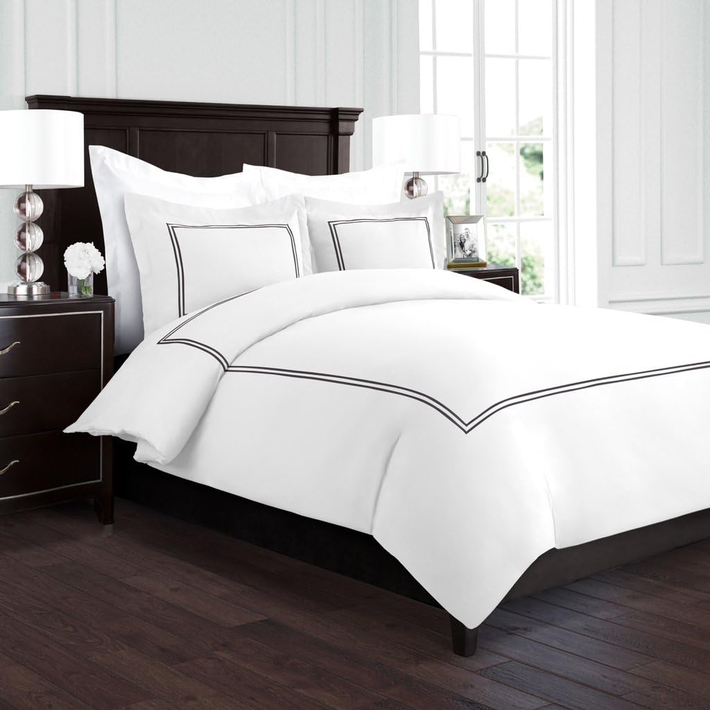 Beckham Hotel Collection Luxury Soft Brushed 2100 Series Embroidered Microfiber Duvet Cover Set with Beautiful 2-Stripe Embroidery - Hypoallergenic - Twin-TwinXL, White-Black