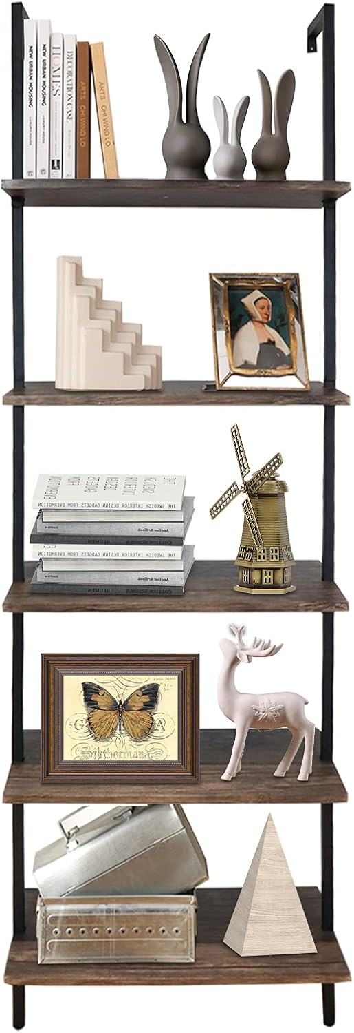 aboxoo Ladder Shelf Open Bookshelf 5-tier Wall-mounted Wood Bookcase Storage Rack Open back Industrial Modern Plant Flower Stand Utility Organizer Bookcase Metal Frame Furniture Office Kitchen Bedroom Rustic Brown 1 PC 23.6 IN