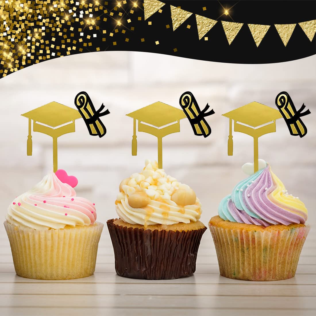 KANOSON Graduation Cake Topper with Personalized Gold Cap Toppers - Pack of 4 for Graduation Decorations