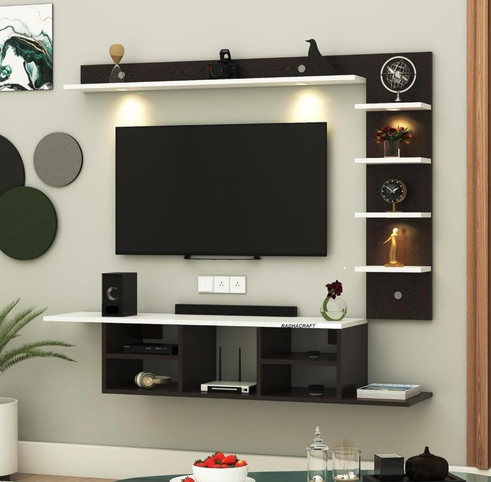 RADHA CRAFT LED Light TV Unit Wall Mounted TV Unit Wall TV Cabinet with Shelves Display Unit for Living Room, Set Top Box Stand - Wenge/White (D.I.Y - Do-It-Yourself) Ideal for up to 55" inches-image-48