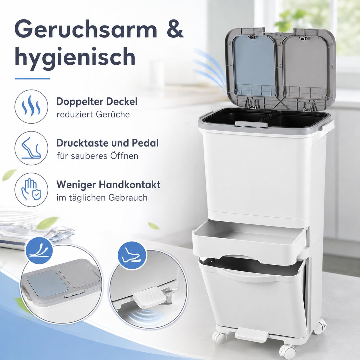 Küchenabfalleimer 3 Fächer, Großvolumiger 42L Mülltrennsystem mit Druckdeckel, Fußpedal, Lenkrollen und Mittelschublade, Treteimer für Abfalltrennung in Küche, Büro, Wohnung