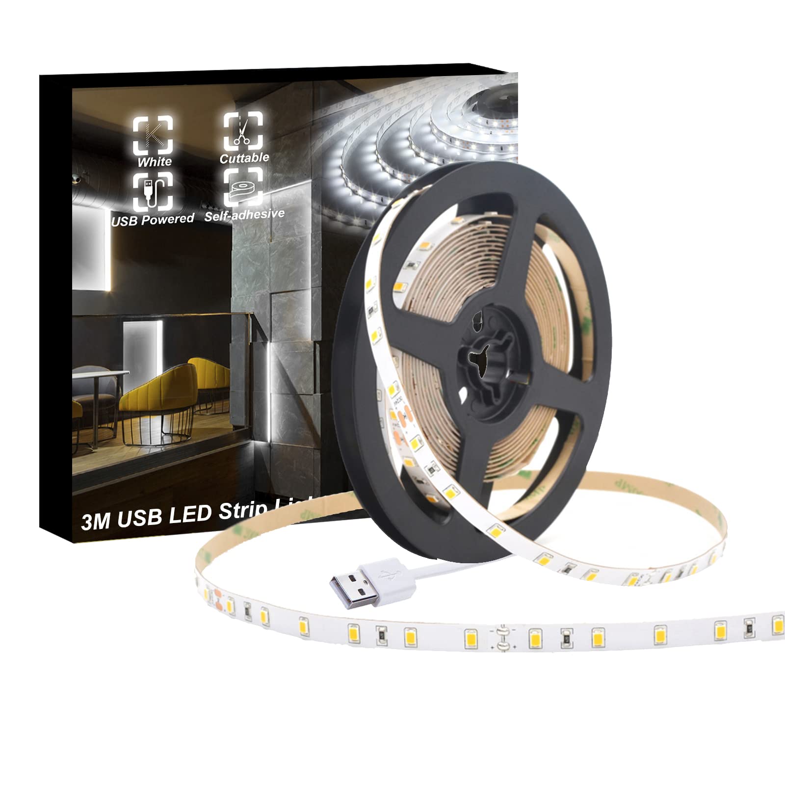 WOWLED LED Strip Lights, 3M USB LED White Strip Light, Pulg & Play, 9.8ft TV Backlights for Bedroom, Kitchen, DIY, Decor Tape Light