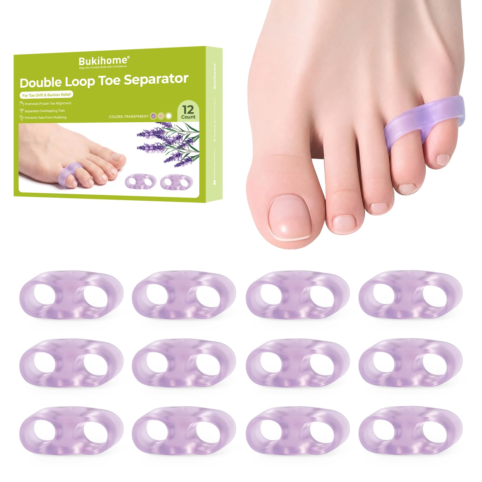 Bukihome Gel Pinky Toe Separator for Tailor's Bunion, 12 Pack, Clear 12 Count Purple
