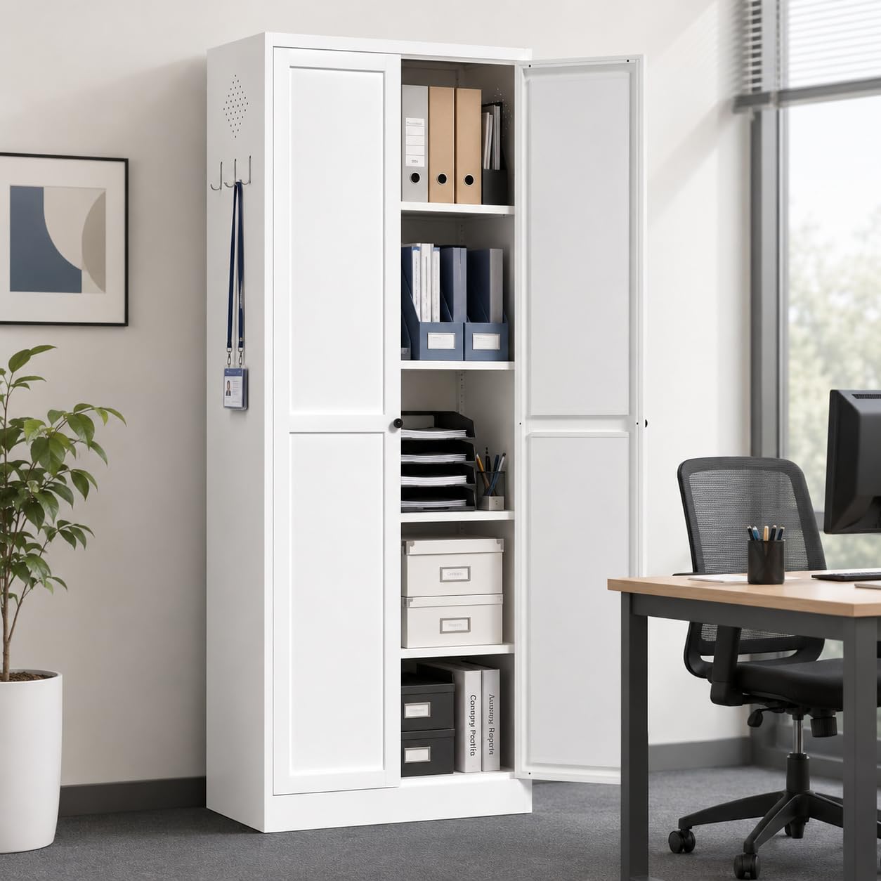 IKIMI White Metal Storage Cabinet with Doors and Adjustable Shelves,Assembly Required