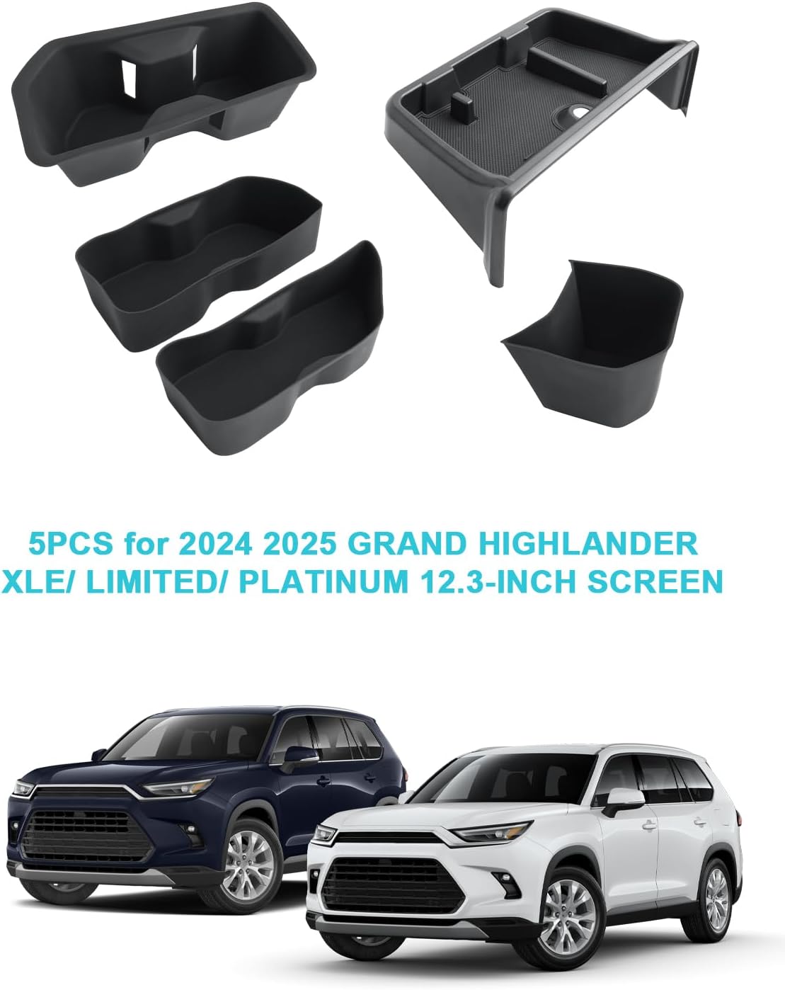 CDEFG 5PCS for 2024 2025 2026 Toyota Grand Highlander Center Console Dash Organizer 12.3-Inch Screen Storage Tray Cup Holders Door Pockets for 2025 2026 Grand Highlander Hybrid Accessories