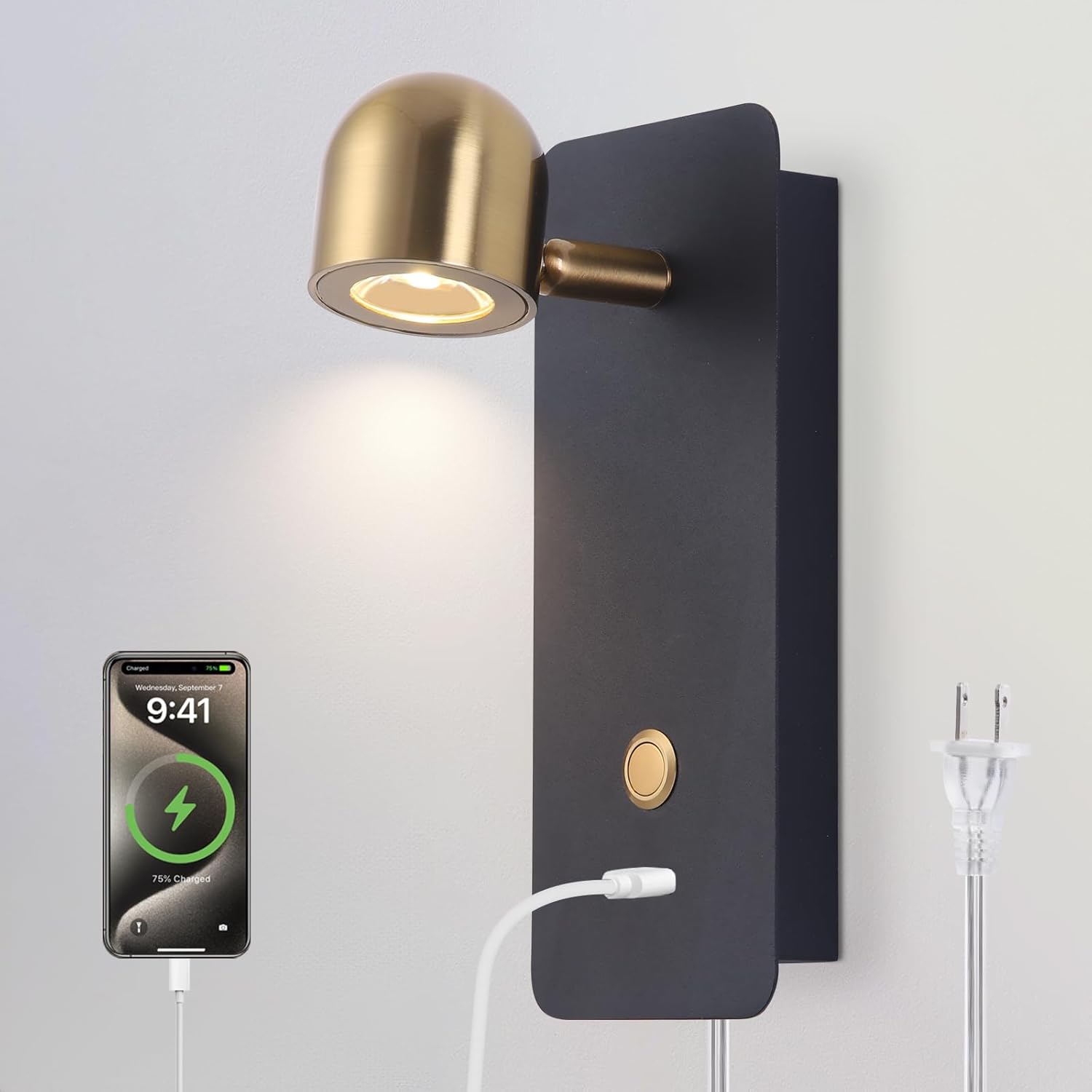 ZEROUNO Plug in Wall Sconce for Bedroom, LED Wall Mounted Reading Light with USB Port, Wall Lamp for Bedside,Reading,Bedroom,Living Room 3000K