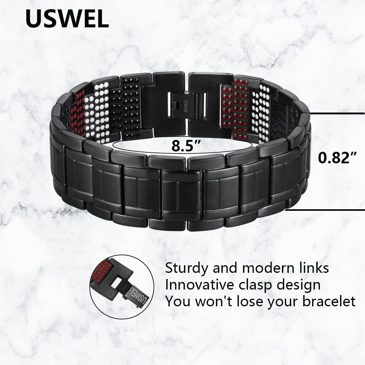 Strengthen Titanium Magnetic Bracelet –Mens Bracelet with Black PVD Coating 613pcs Minerals Magnetic Bracelet(Black)