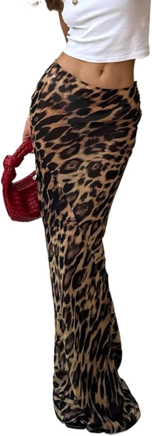 Leopard Print Skirt Fishtail Skirt Mermaid Maxi Skirt Mesh Skirts Sheer Skirts Trendy Skirts Sexy Skirts (Brown,Medium)