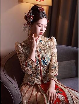 Elegant Bride Peacock Embroidery Cheongsam Dress Chinese Champagne Wedding Banquet Exquisite Sequins Qipao Clothing(XXL Code)