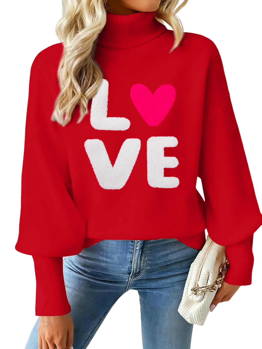 Valentines Sweater Women Love Hearts Turtleneck Sweaters XOXO Knited Outfits Valentines Day Gifts for Her Dating Tops