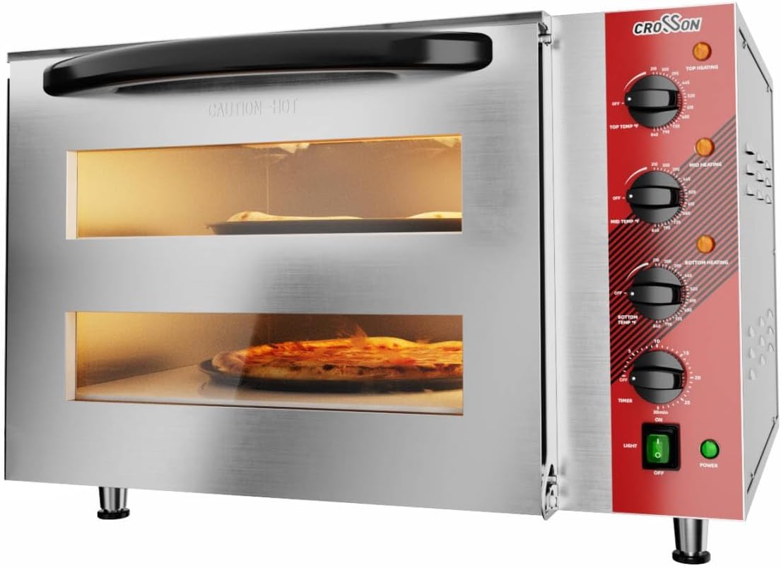 CROSSON Commercial Double Deck 18 Inch Countertop Electric Pizza Oven with 15mm Thick Pizza Stone, Indoor Pizza Bakery Oven for Commercial Use Only,240V/4500W