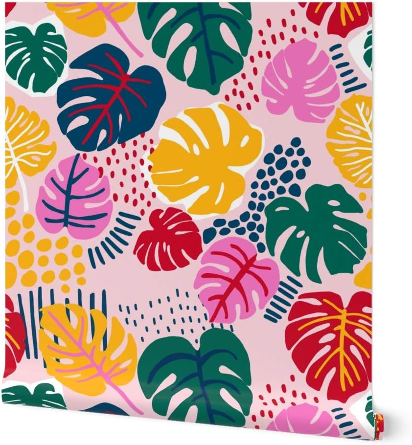 Removable Wallpaper 3ft x 2ft - Bohemian Paradise Monstera Pink Leaves Palm Colourful Bright Plants Tropical Boho Rainforest Custom Pre-Pasted Wallpaper by Spoonflower